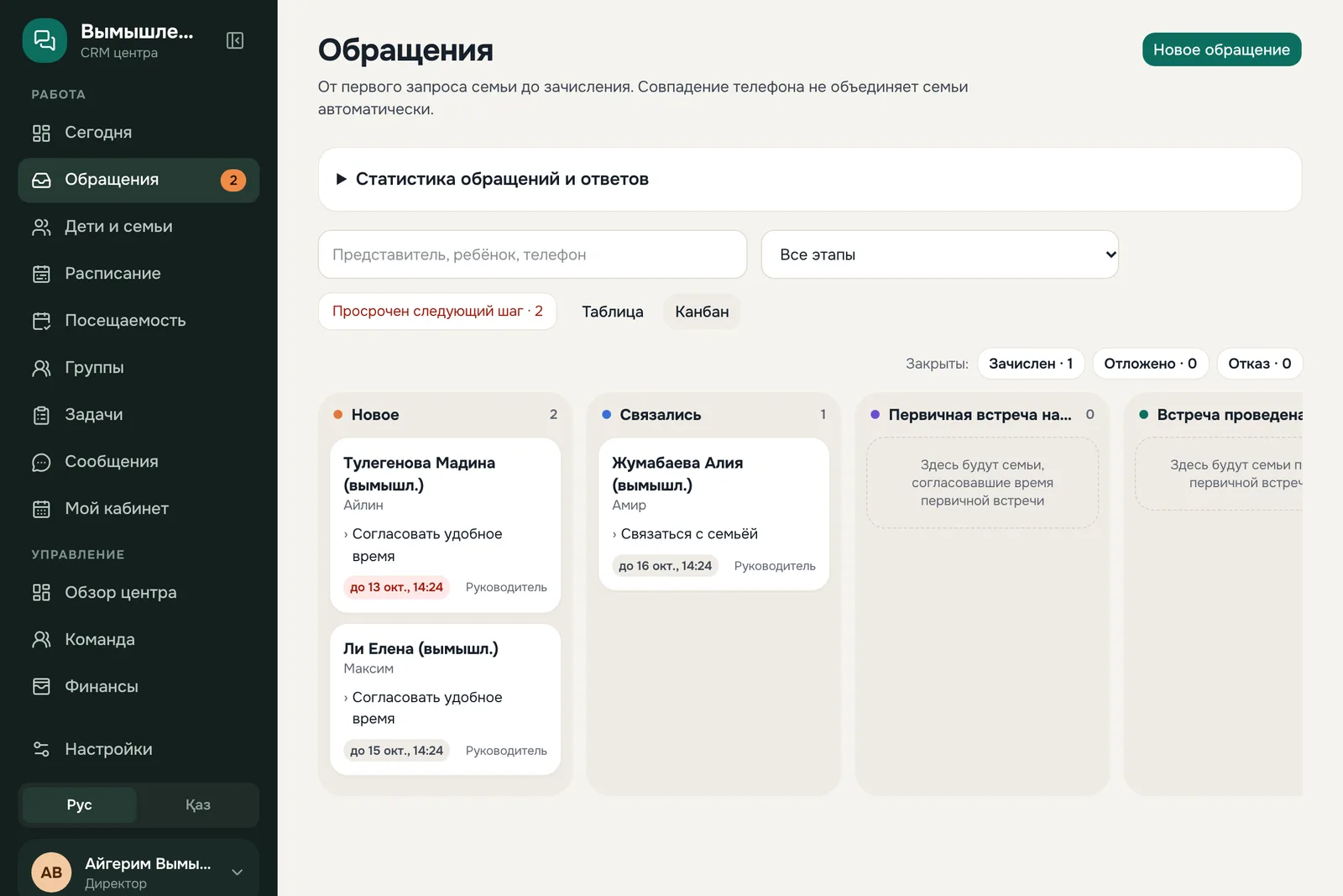 Доска обращений MyProgressa по этапам
